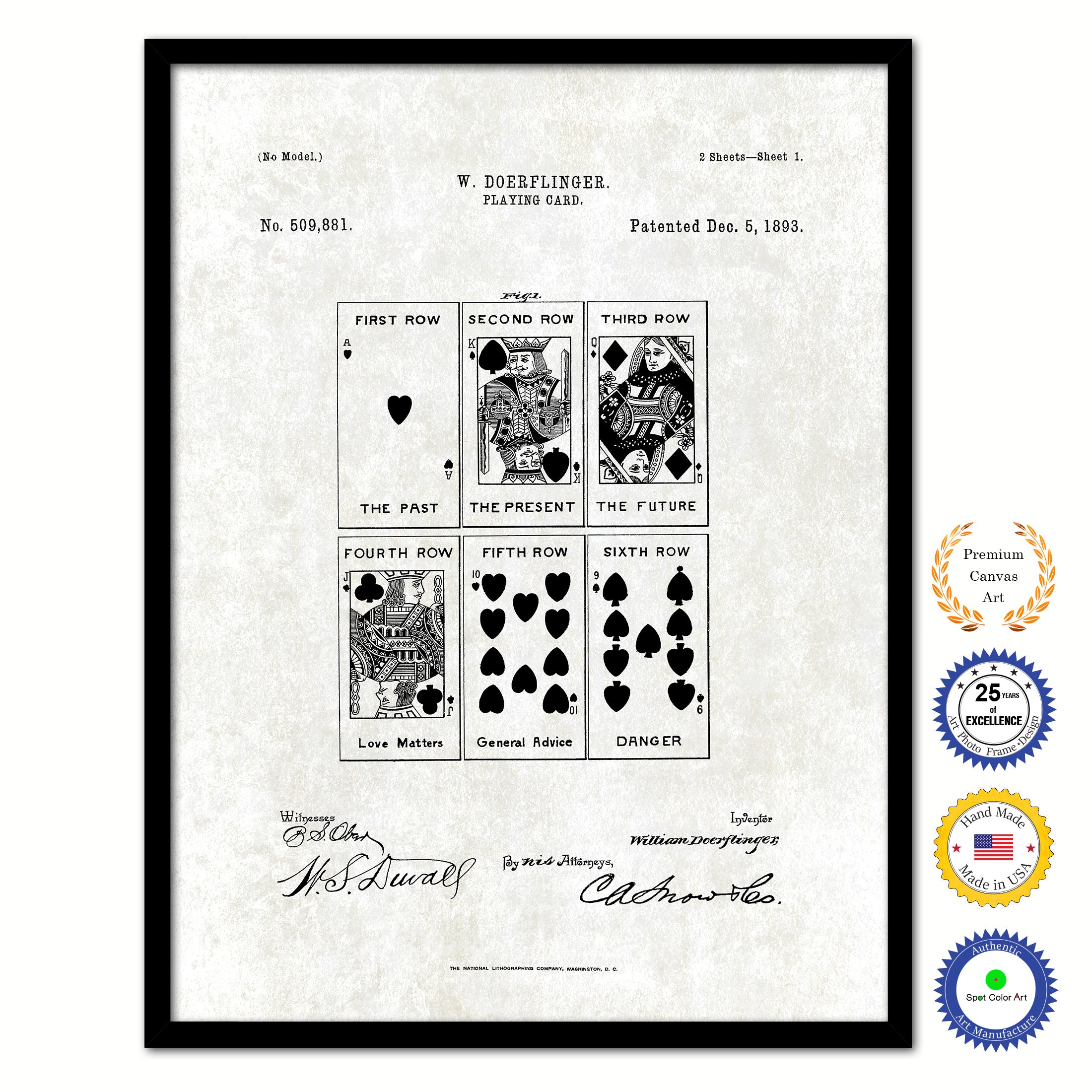 1893 Face Poker Game Old Patent Art Print on Canvas Custom Framed Vintage Home Decor Wall Decoration Great for Gifts