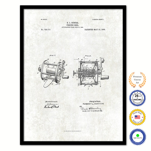 1903 Fishing Reel Vintage Patent Artwork Black Framed Canvas Print Home Office Decor Great for Fisherman Cabin Lake House