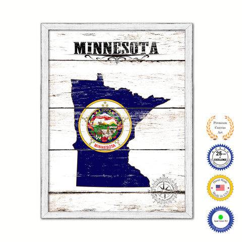 Minnesota State Flag Shabby Chic Gifts Home Decor Wall Art Canvas Print, White Wash Wood Frame
