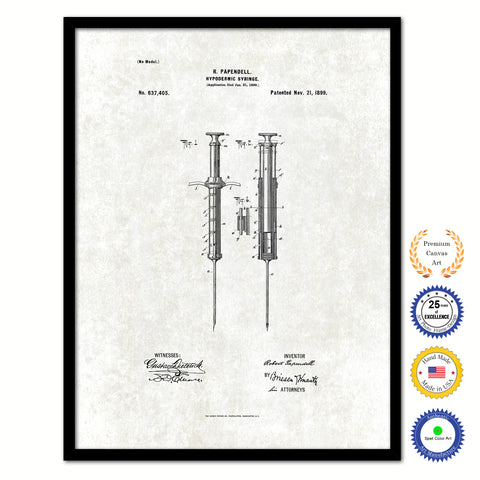 1899 Doctor Hypodermic Syringe Vintage Patent Artwork Black Framed Canvas Print Home Office Decor Great for Doctor Paramedic Surgeon Hospital Medical Student