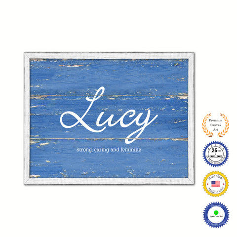 Lucy Name Plate White Wash Wood Frame Canvas Print Boutique Cottage Decor Shabby Chic
