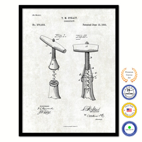 1883 Wine Corkscrew Old Patent Art Print on Canvas Custom Framed Vintage Home Decor Wall Decoration Great for Gifts