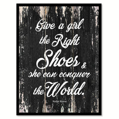 Give a girl the right shoes & she can conquer the world - Marilyn Monroe Quote Saying Canvas Print with Picture Frame Home Decor Wall Art, Black