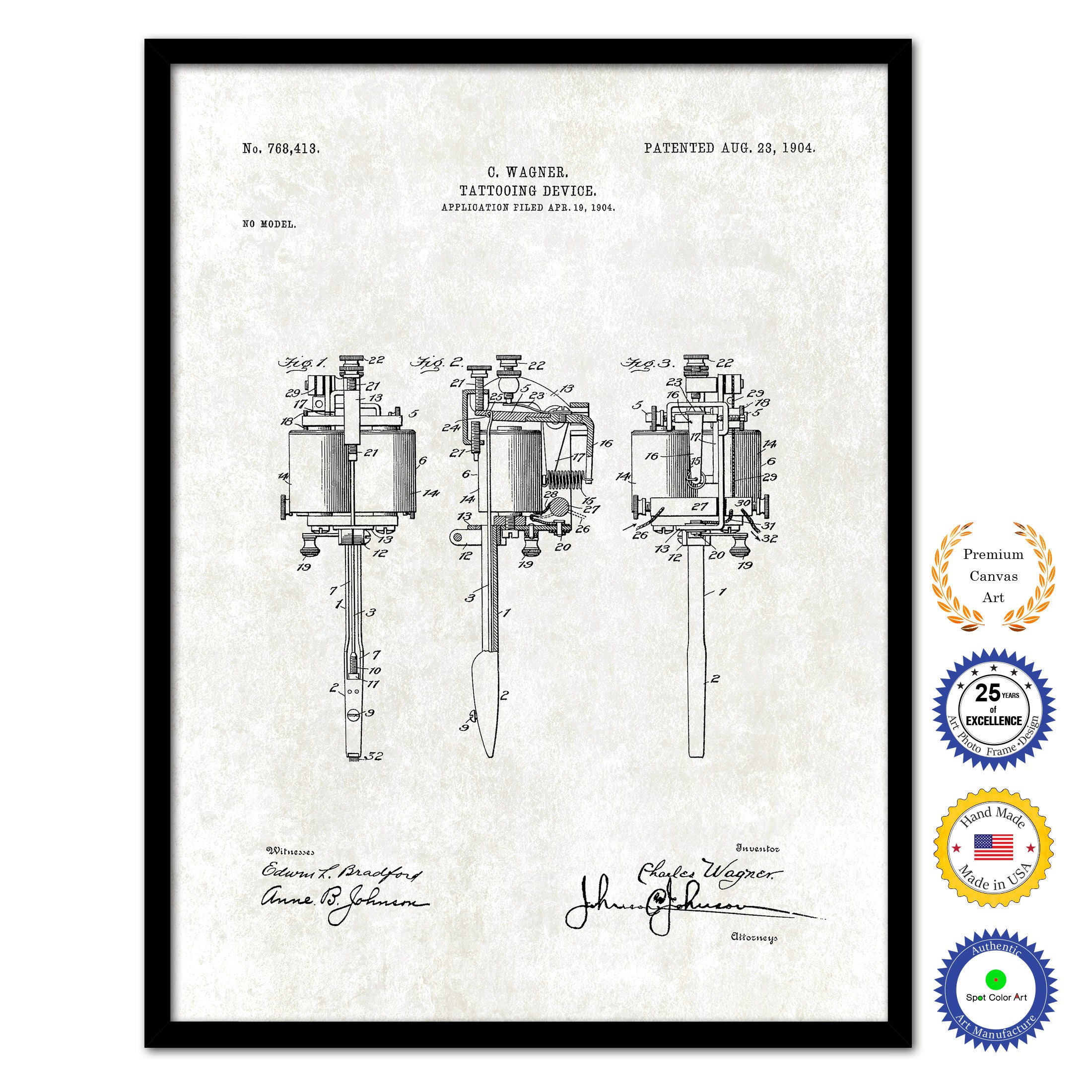 1904 Electric Tattooing Device Old Patent Art Print on Canvas Custom Framed Vintage Home Decor Wall Decoration Great for Gifts