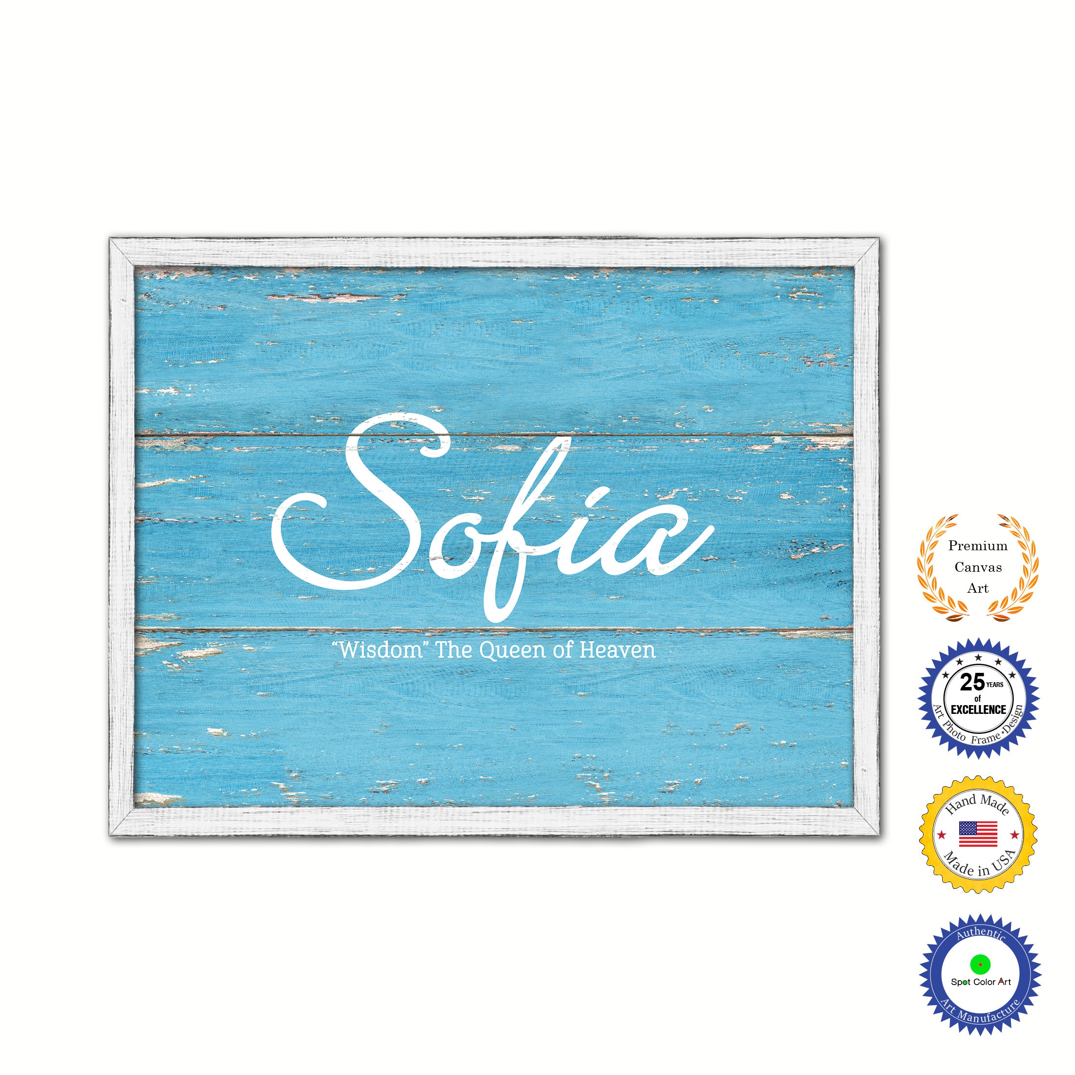 Sofia Name Plate White Wash Wood Frame Canvas Print Boutique Cottage Decor Shabby Chic