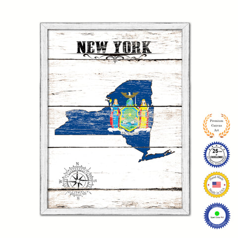 New York State Flag Canvas Print with Custom Brown Picture Frame Home Decor Wall Art Decoration Gifts