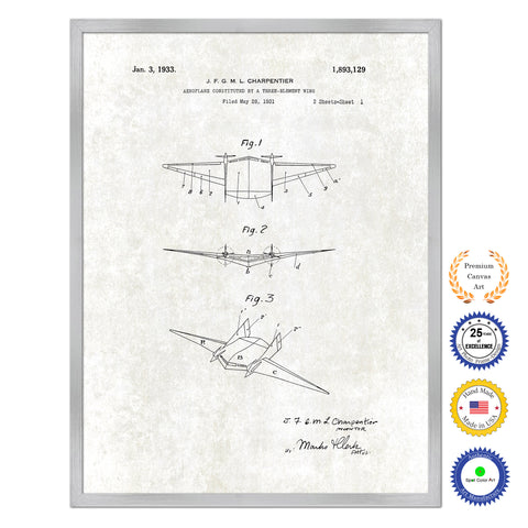 1933 Three Element Wing Airplane Antique Patent Artwork Silver Framed Canvas Print Home Office Decor Great for Pilot Gift