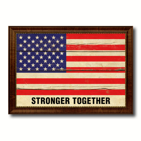 Stronger Together USA Flag Canvas Print with Brown Picture Frame Home Decor Wall Art Gift Ideas