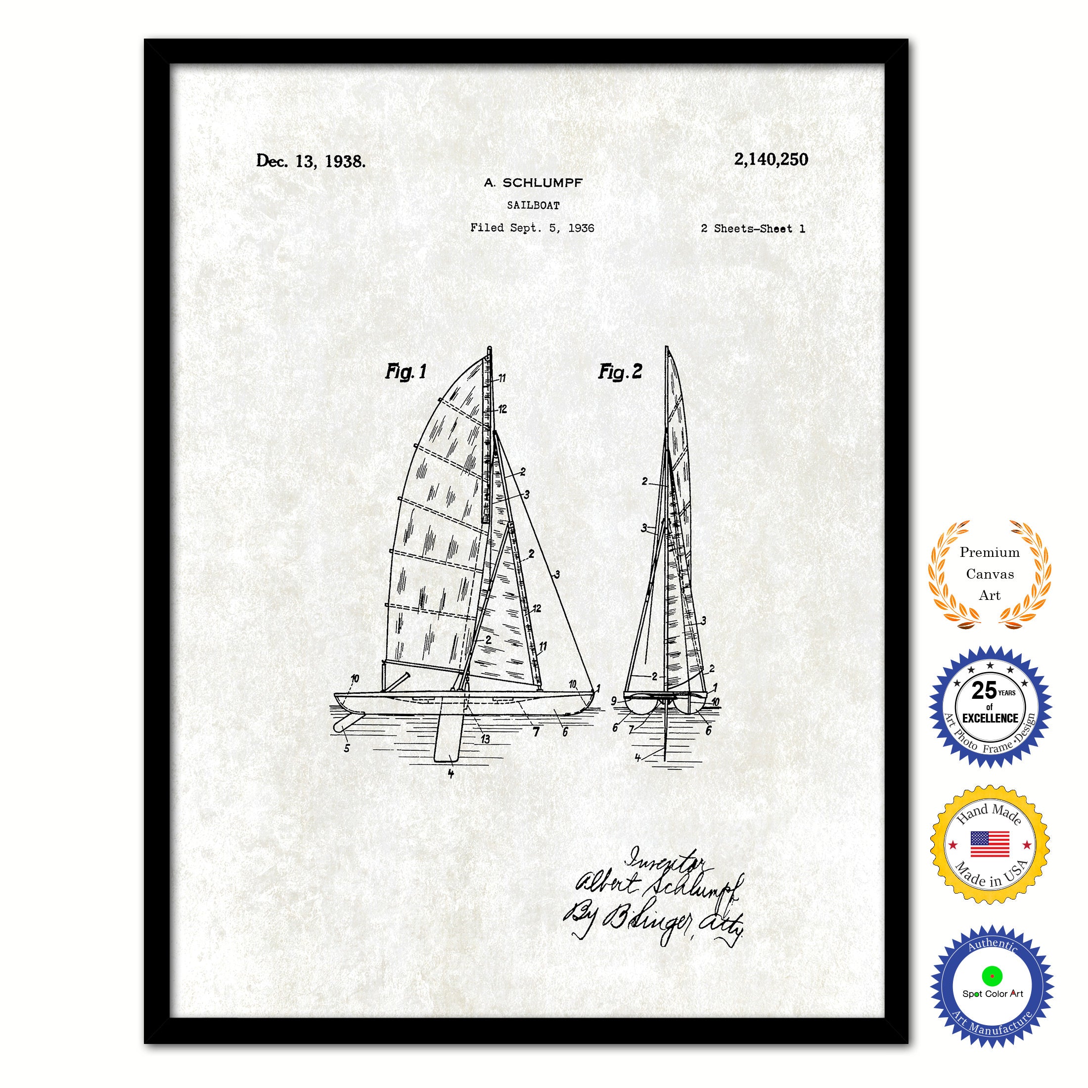 1983 Sailboat Old Patent Art Print on Canvas Custom Framed Vintage Home Decor Wall Decoration Great for Gifts