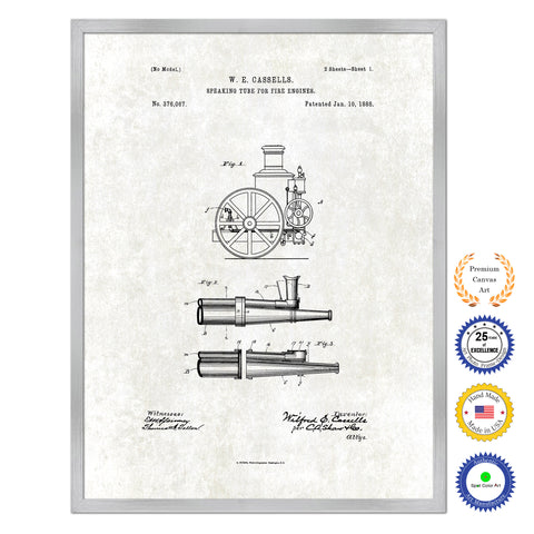 1888 Firefighter Speaking Tube for Fire Engines Antique Patent Artwork Silver Framed Canvas Print Home Office Decor Great for Firefighter Fireman Firewoman