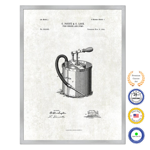1894 Firefighter Fire Engine and Pump Antique Patent Artwork Silver Framed Canvas Print Home Office Decor Great for Firefighter Fireman Firewoman
