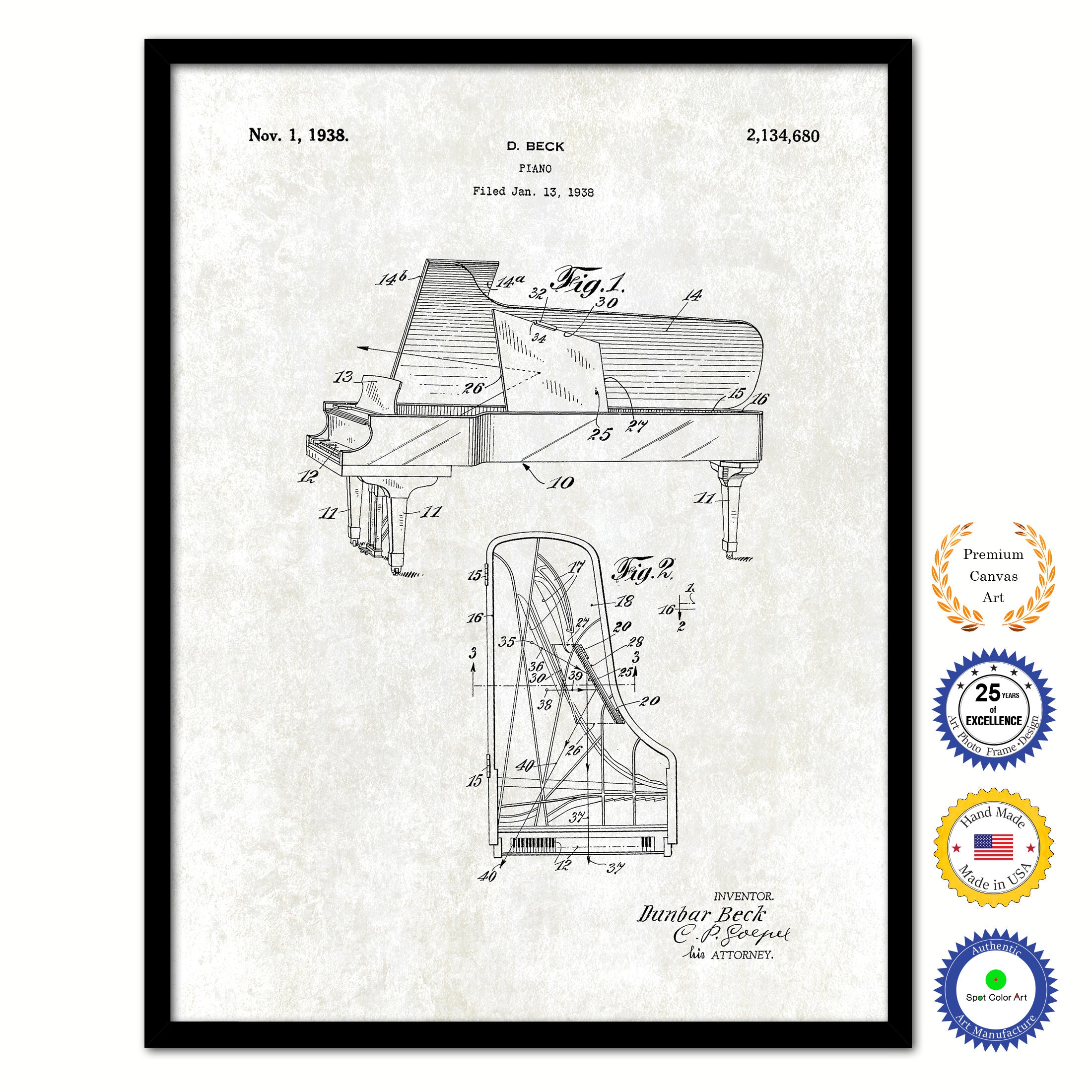 1938 Piano Old Patent Art Print on Canvas Custom Framed Vintage Home Decor Wall Decoration Great for Gifts