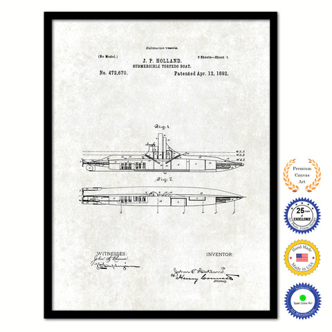 1892 Submergible Torpedo Boat Old Patent Art Print on Canvas Custom Framed Vintage Home Decor Wall Decoration Great for Gifts