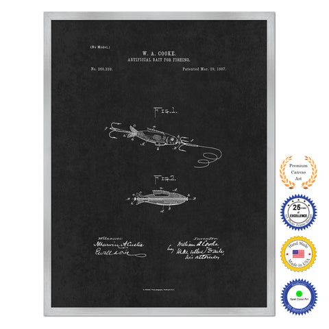 1887 Fishing Artificial Bait Antique Patent Artwork Silver Framed Canvas Home Office Decor Great for Fisherman Cabin Lake House