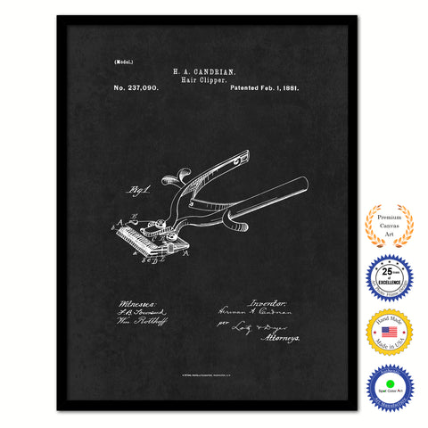 1881 Barber Hair Clipper Vintage Patent Artwork Black Framed Canvas Home Office Decor Great Gift for Barber Salon Hair Stylist