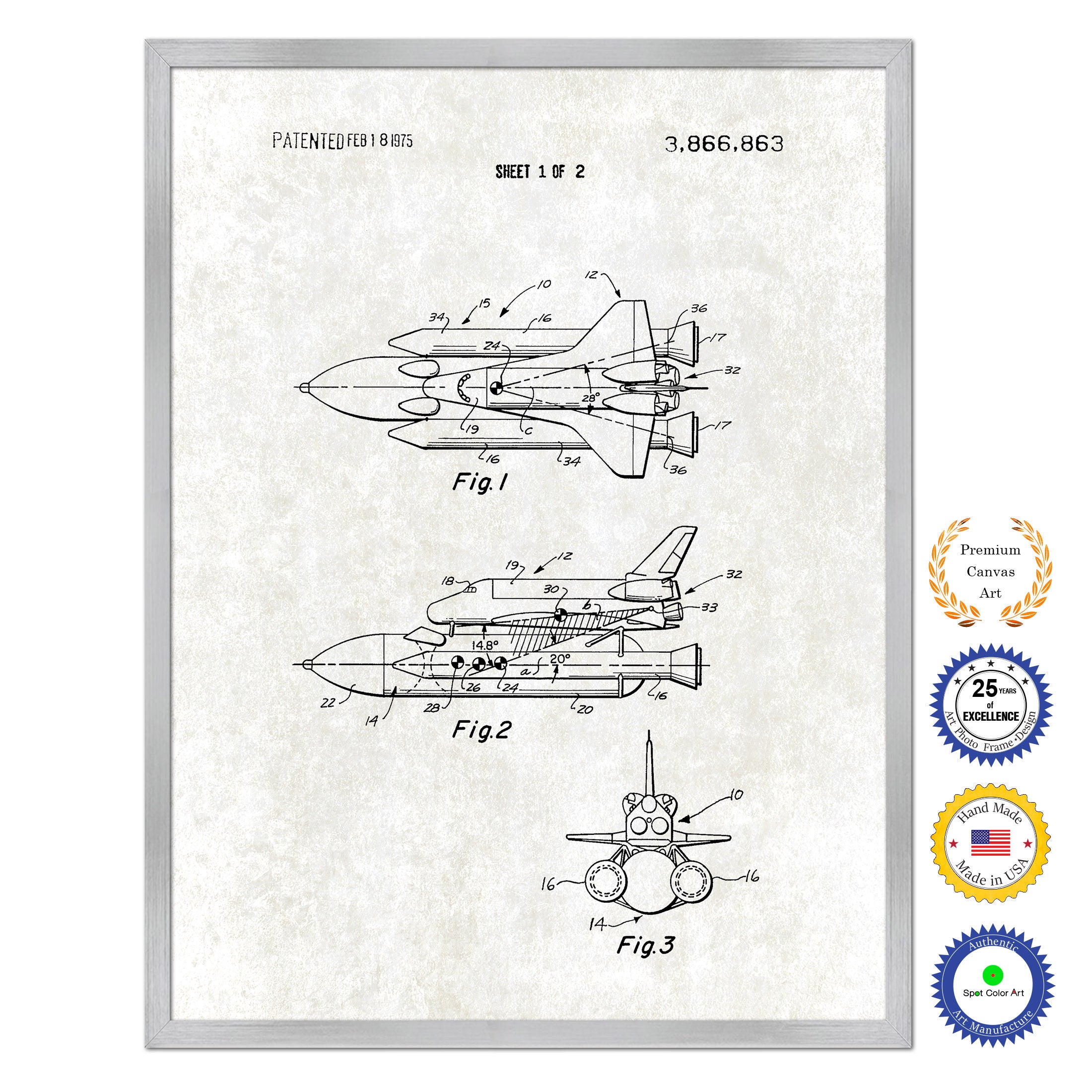 1975 Rocket Space Shuttle Old Patent Art Print on Canvas Custom Framed Vintage Home Decor Wall Decoration Great for Gifts
