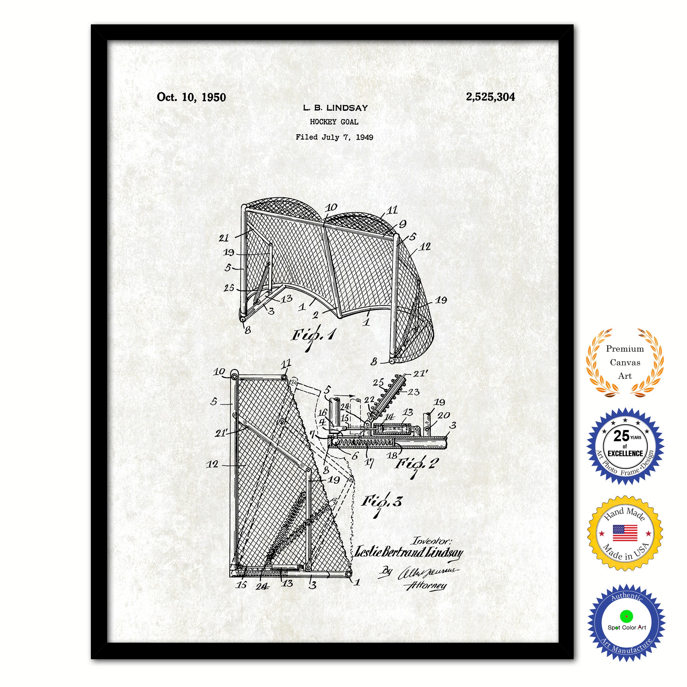 1950 Hockey Goal Old Patent Art Print on Canvas Custom Framed Vintage Home Decor Wall Decoration Great for Gifts
