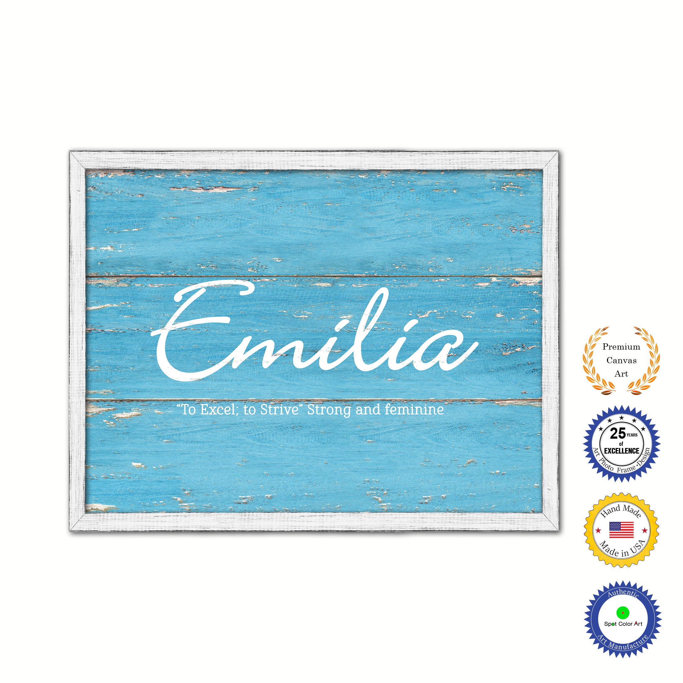 Emilia Name Plate White Wash Wood Frame Canvas Print Boutique Cottage Decor Shabby Chic