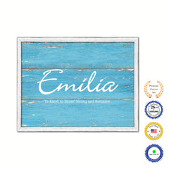 Emilia Name Plate White Wash Wood Frame Canvas Print Boutique Cottage Decor Shabby Chic