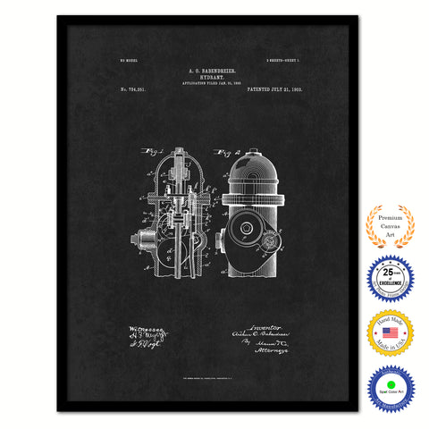 1903 Firefighter Hydrant Vintage Patent Artwork Black Framed Canvas Home Office Decor Great for Firefighter Fireman Firewoman