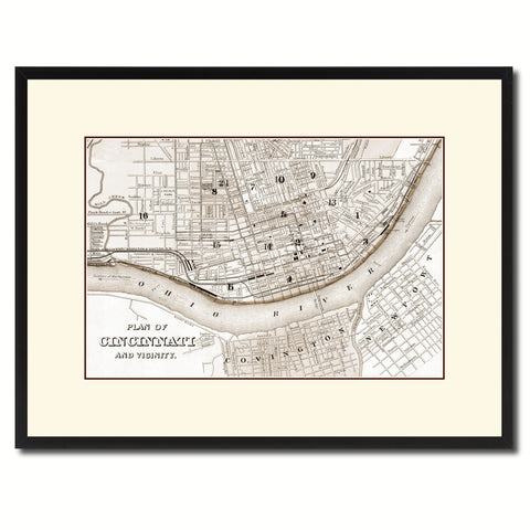 Cincinnati Vintage Sepia Map Canvas Print, Picture Frame Gifts Home Decor Wall Art Decoration