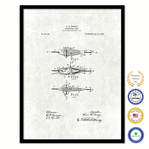 1907 Fishing Artificial Bait Vintage Patent Artwork Black Framed Canvas Print Home Office Decor Great for Fisherman Cabin Lake House