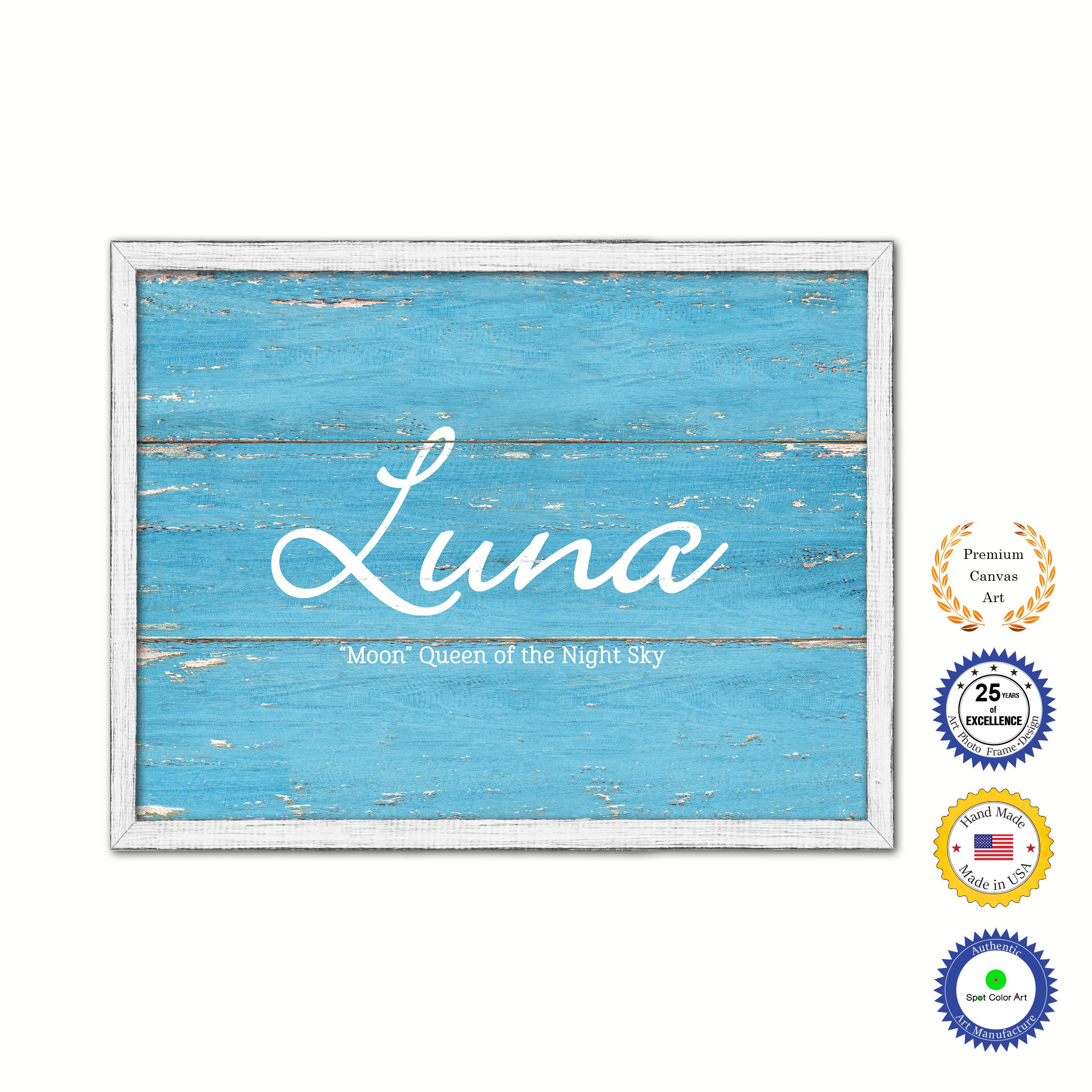 Luna Name Plate White Wash Wood Frame Canvas Print Boutique Cottage Decor Shabby Chic