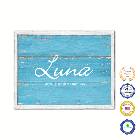Luna Name Plate White Wash Wood Frame Canvas Print Boutique Cottage Decor Shabby Chic