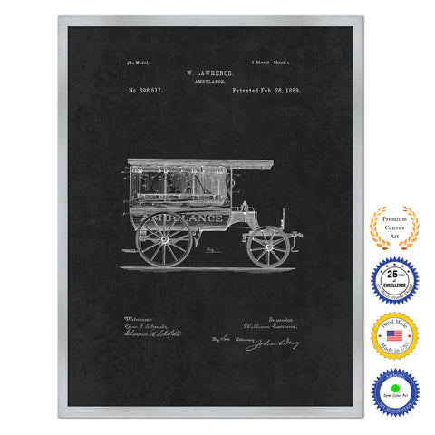 1889 Doctor Ambulance Antique Patent Artwork Silver Framed Canvas Home Office Decor Great for Doctor Paramedic Surgeon Hospital Medical Student