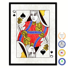 Queen Spades Poker Decks of Vintage Cards Print on Canvas Black Custom Framed