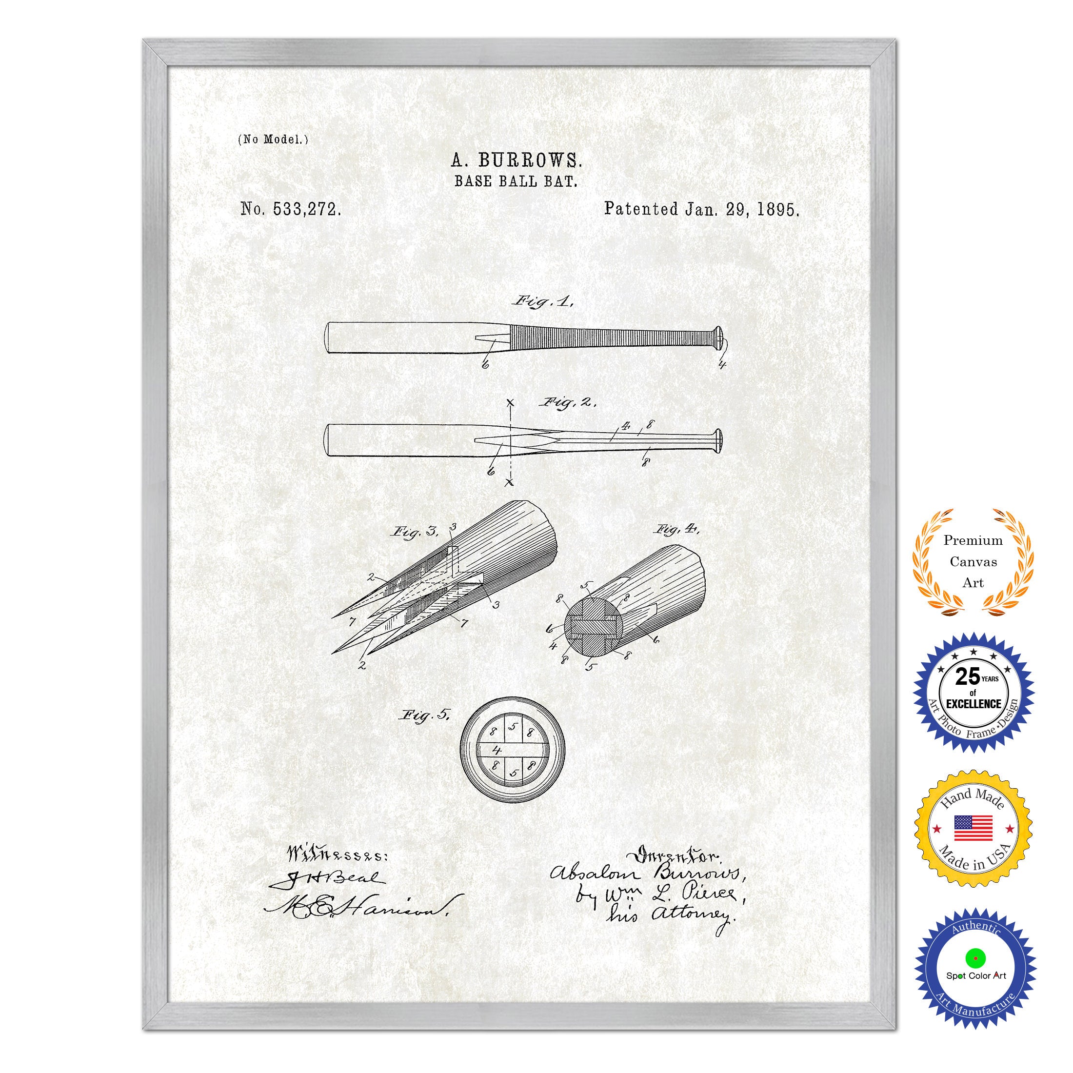 1895 Baseball Bat Old Patent Art Print on Canvas Custom Framed Vintage Home Decor Wall Decoration Great for Gifts