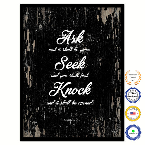 Seek and You Shall Find - Matthew 7:7 Bible Verse Scripture Quote Black Canvas Print with Picture Frame