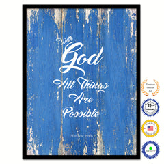 With God All Things Are Possible - Matthew 19:26 Bible Verse Scripture Quote Blue Canvas Print with Picture Frame
