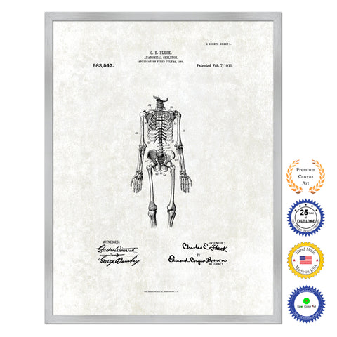1911 Doctor Anatomical Skeleton Antique Patent Artwork Silver Framed Canvas Print Home Office Decor Great for Doctor Paramedic Surgeon Hospital Medical Student