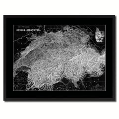 Switzerland Vintage Monochrome Map Canvas Print, Gifts Picture Frames Home Decor Wall Art