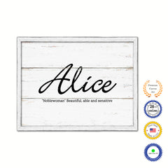 Alice Name Plate White Wash Wood Frame Canvas Print Boutique Cottage Decor Shabby Chic