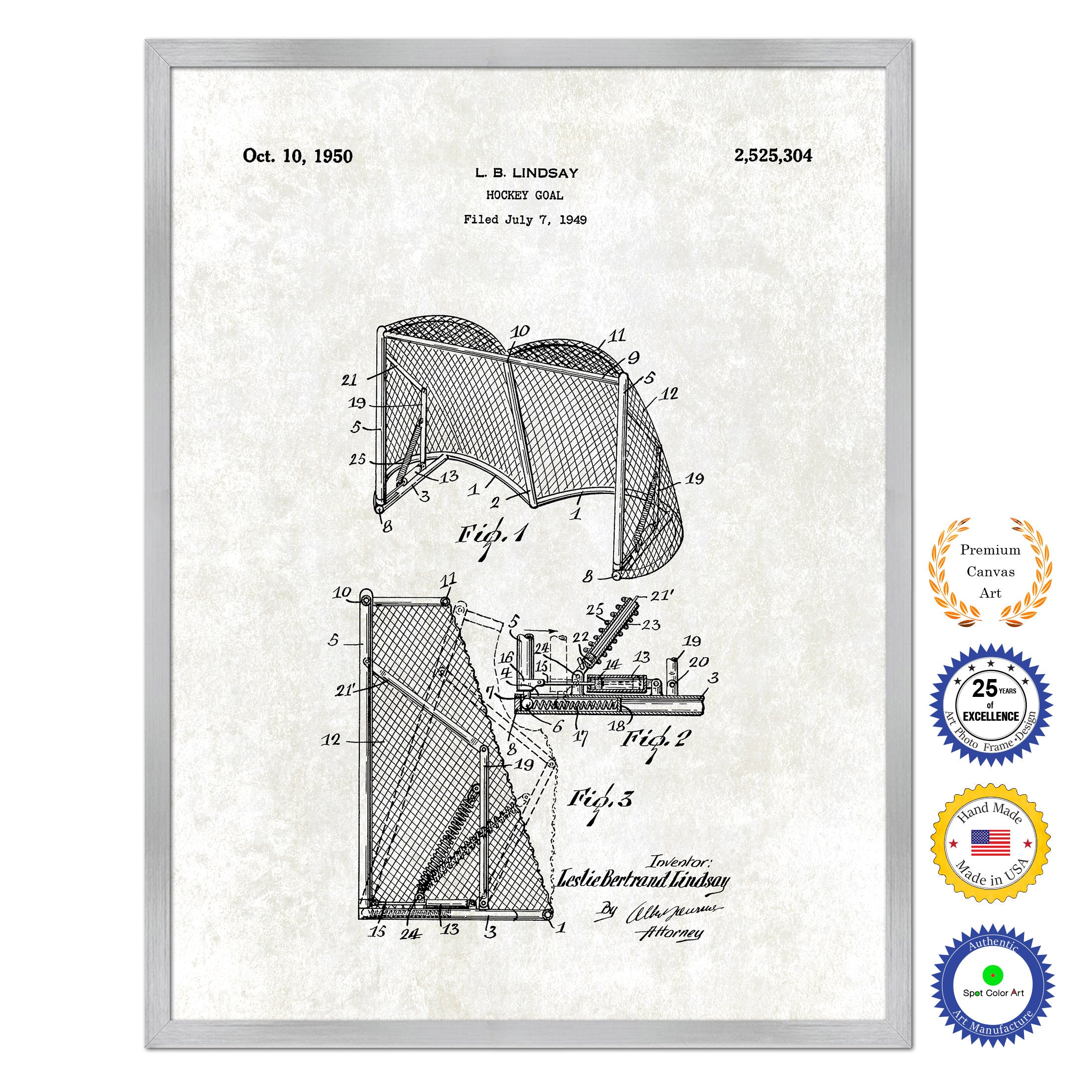 1950 Hockey Goal Old Patent Art Print on Canvas Custom Framed Vintage Home Decor Wall Decoration Great for Gifts