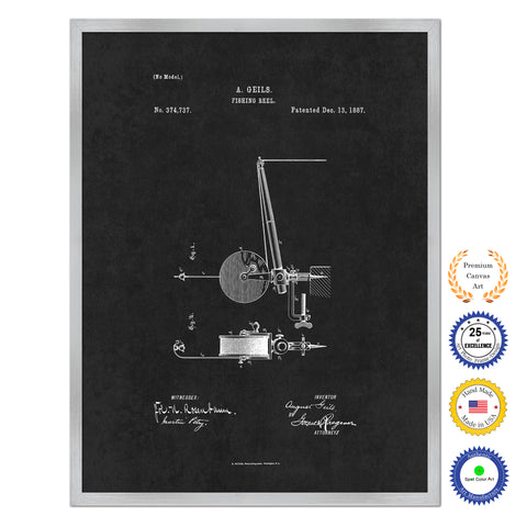 1887 Fishing Reel Antique Patent Artwork Silver Framed Canvas Home Office Decor Great for Fisherman Cabin Lake House