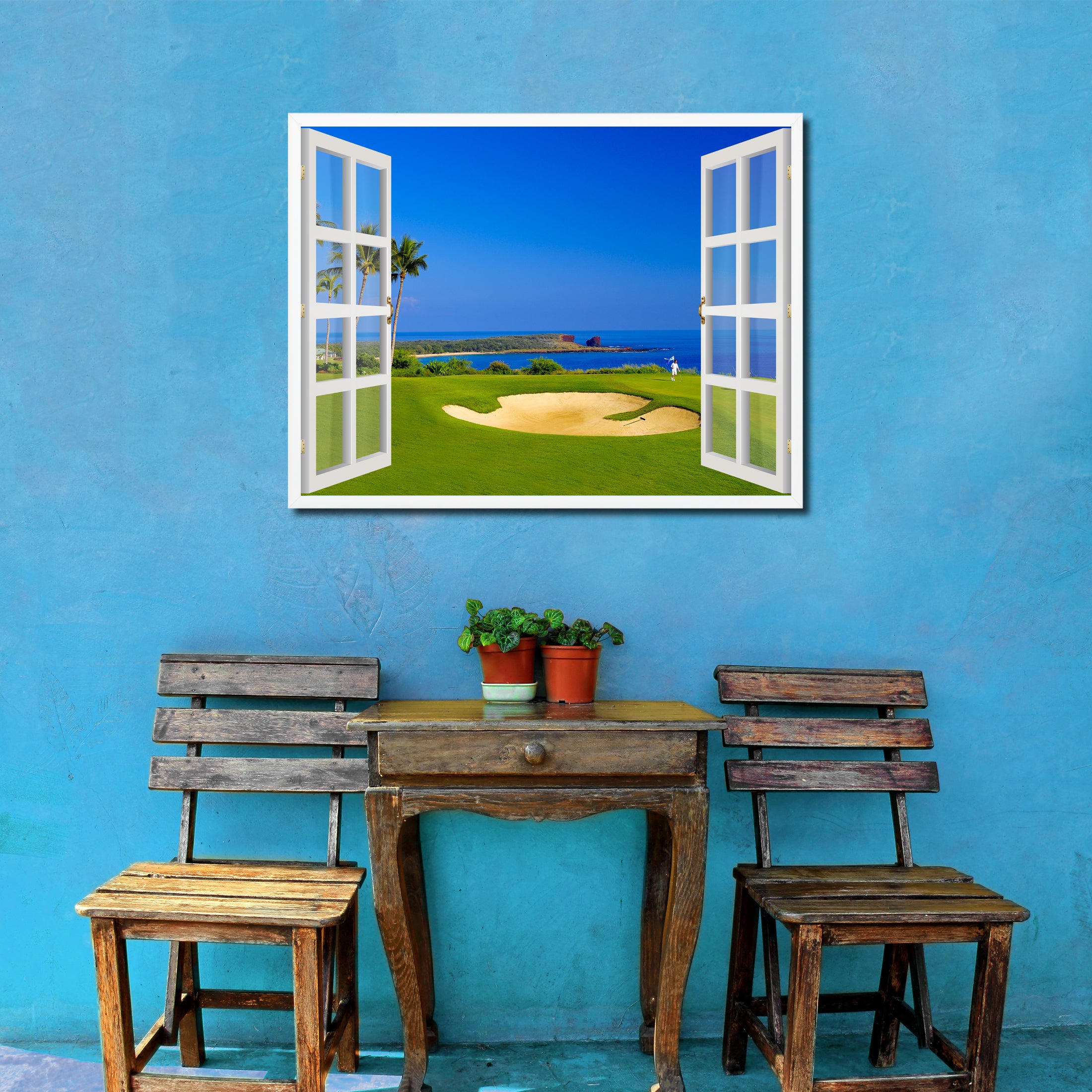 Coastal Golf Course Picture French Window Framed Canvas Print Home Decor Wall Art Collection