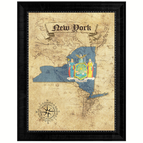 New York State Flag Shabby Chic Gifts Home Decor Wall Art Canvas Print, White Wash Wood Frame
