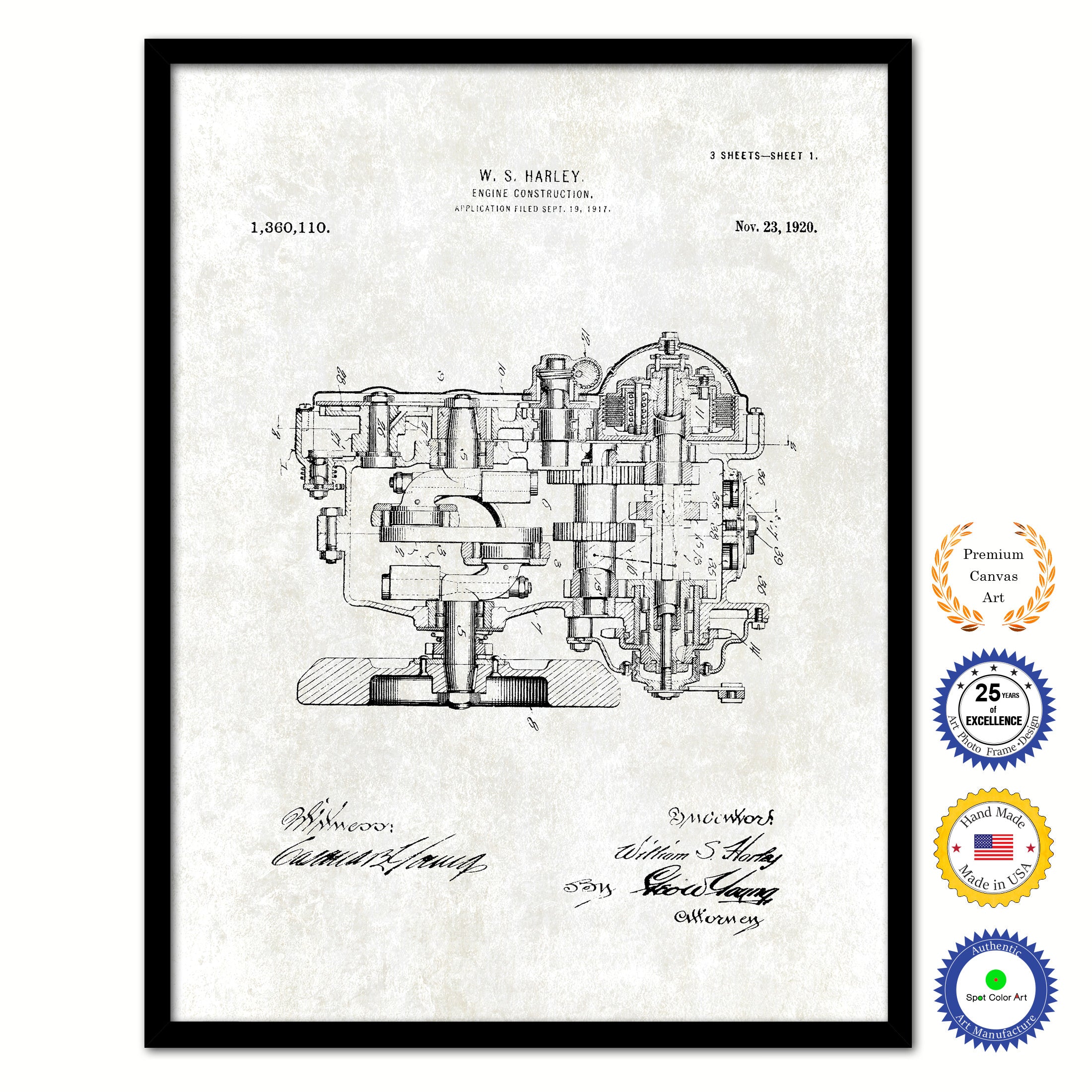 1920 Engine Construction Old Patent Art Print on Canvas Custom Framed Vintage Home Decor Wall Decoration Great for Gifts