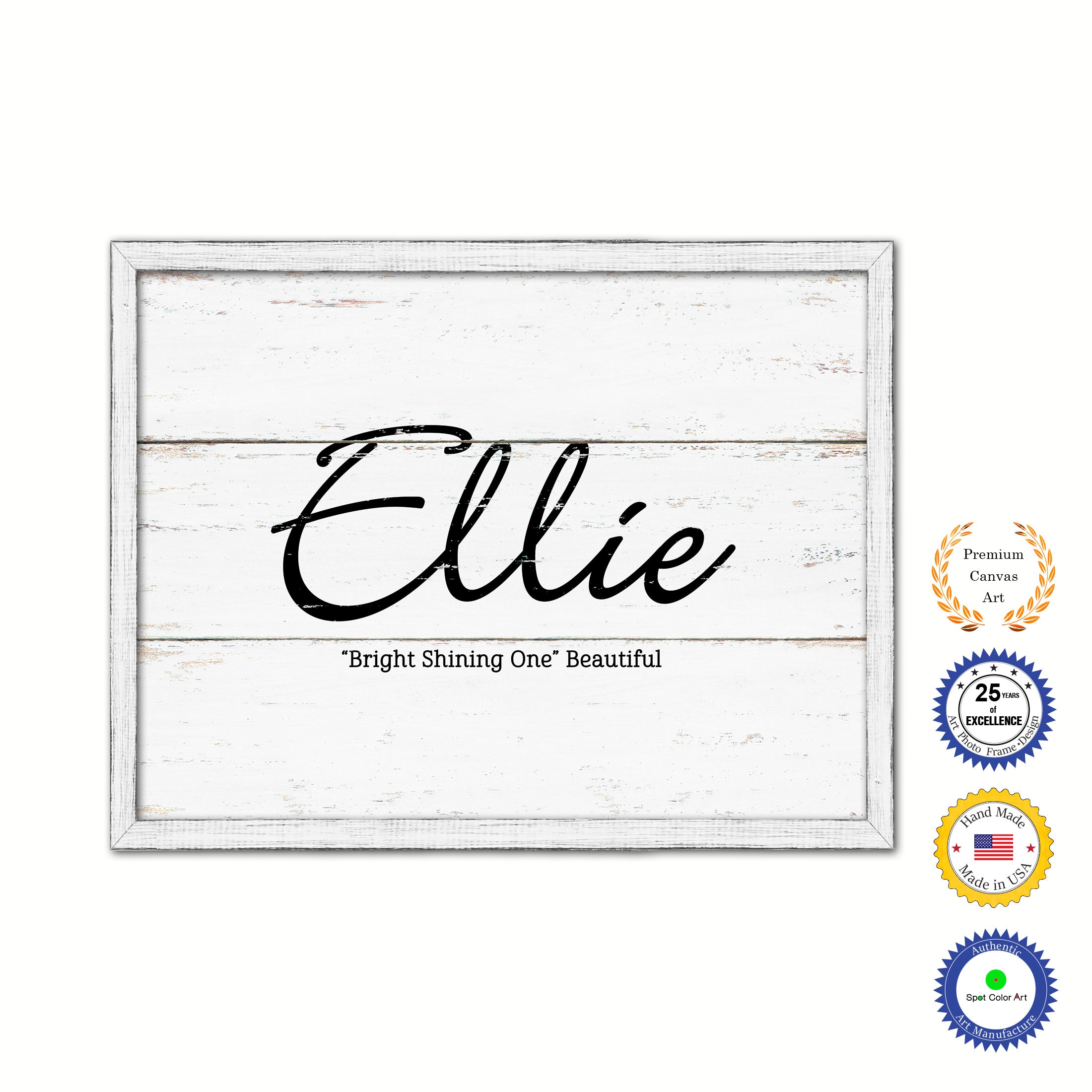 Ellie Name Plate White Wash Wood Frame Canvas Print Boutique Cottage Decor Shabby Chic