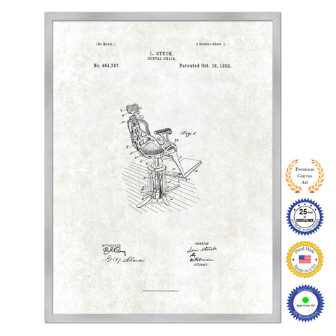 1892 Dentist Dental Chair Antique Patent Artwork Silver Framed Canvas Print Home Office Decor Great for Dentist Orthodontist