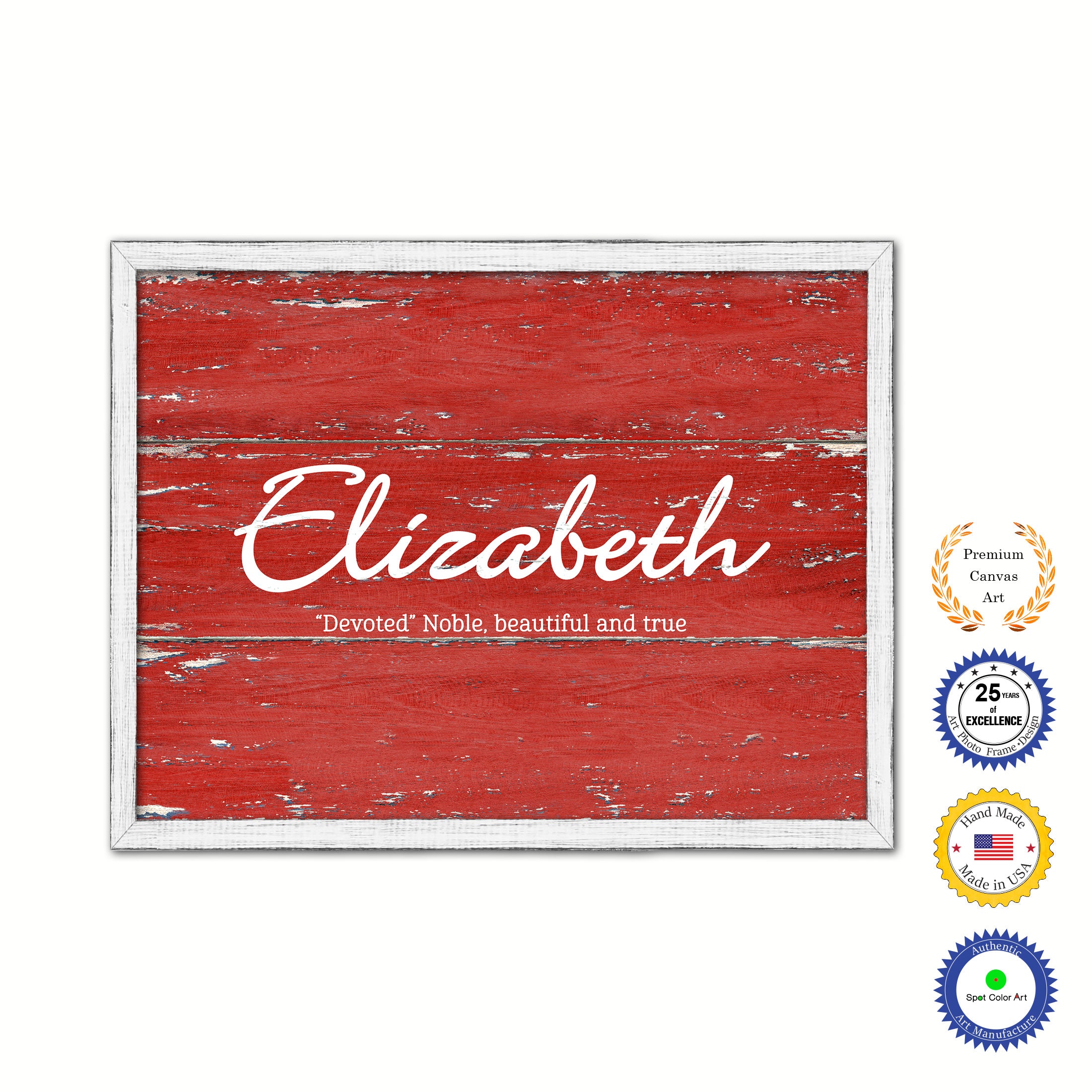 Elizabeth Name Plate White Wash Wood Frame Canvas Print Boutique Cottage Decor Shabby Chic