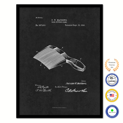 1896 Barber Hair Cutter's Comb Vintage Patent Artwork Black Framed Canvas Home Office Decor Great Gift for Barber Salon Hair Stylist