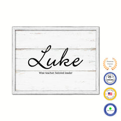Luke Name Plate White Wash Wood Frame Canvas Print Boutique Cottage Decor Shabby Chic