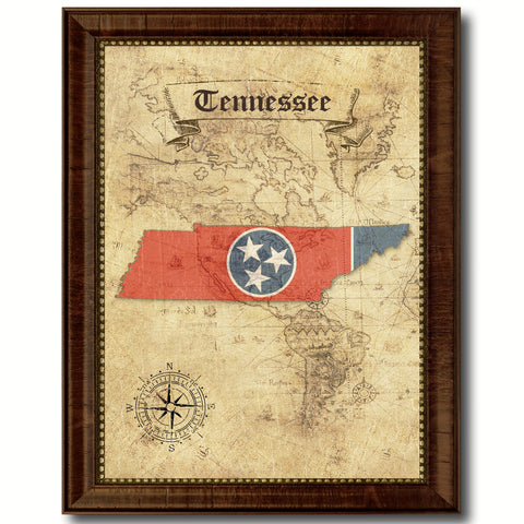 Tennessee State Vintage Flag Canvas Print with Brown Picture Frame Home Decor Man Cave Wall Art Collectible Decoration Artwork Gifts