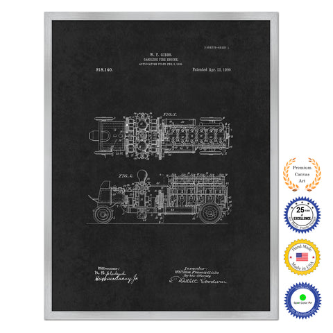 1909 Firefighter Gasoline Fire Engine Antique Patent Artwork Silver Framed Canvas Home Office Decor Great for Firefighter Fireman Firewoman