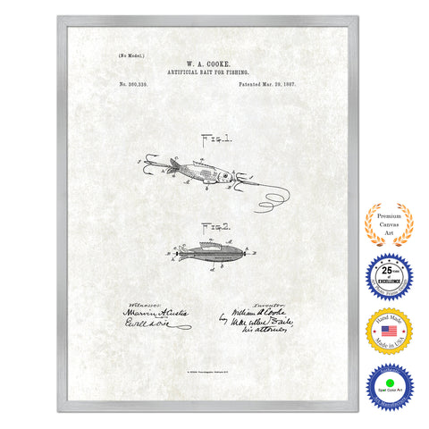 1887 Fishing Artificial Bait Antique Patent Artwork Silver Framed Canvas Print Home Office Decor Great for Fisherman Cabin Lake House