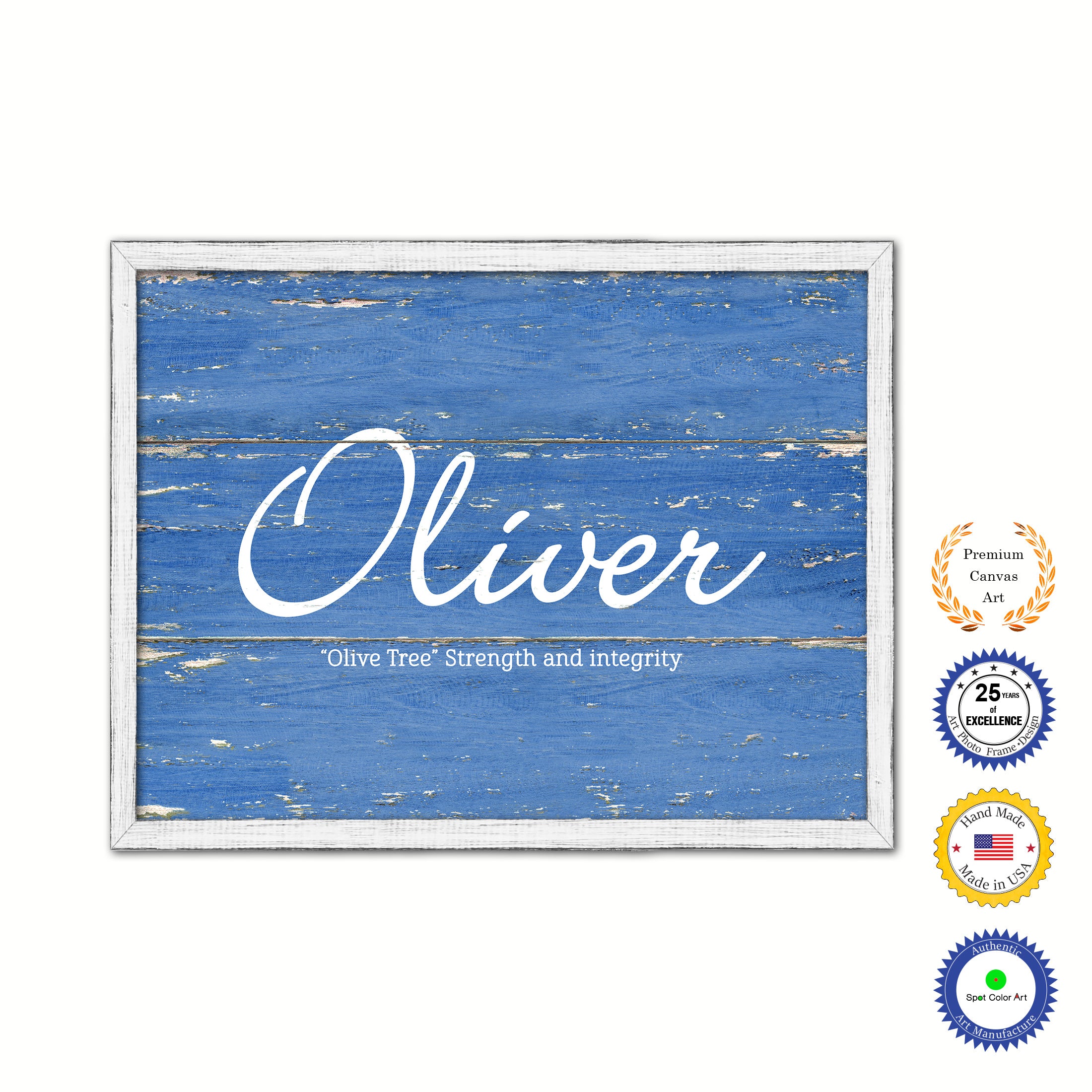 Oliver Name Plate White Wash Wood Frame Canvas Print Boutique Cottage Decor Shabby Chic